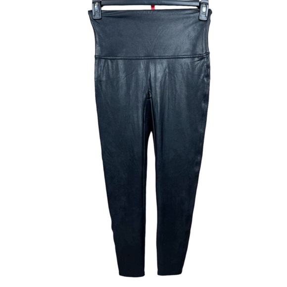 SPANX Black Metallic Sleek Faux Vegan Leather Compression High Waist Leggings L - Picture 7 of 16